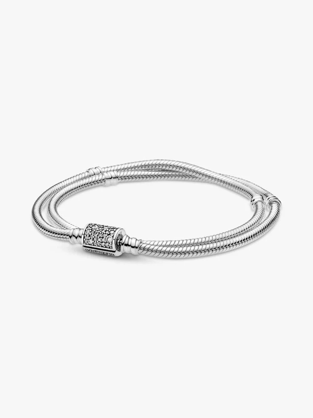 Pandora Sterling Silver Double Snake Bracelet with Pavé Barrel Clasp